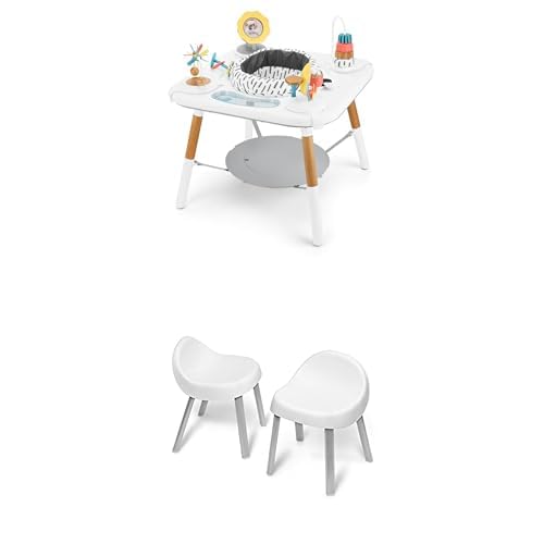 Montessori-Inspired 3-Stage Activity Center & Play Table + White Activity Chairs E700769