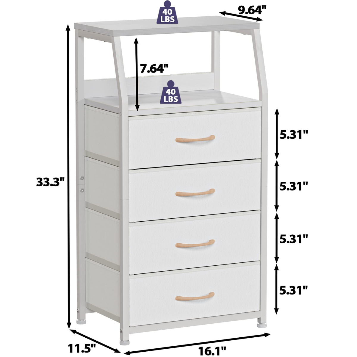 White 4 Drawer Dresser with 5 Storage Bins R818