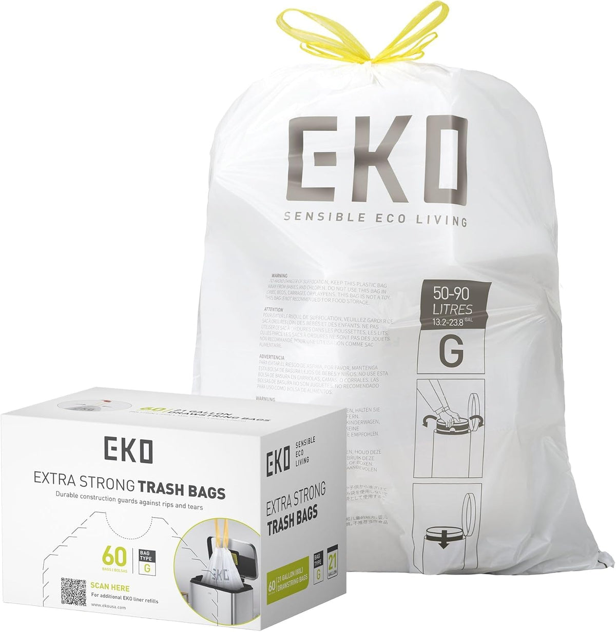 21 Gallon 60 Count Drawstring Unscented Trash Bags A507