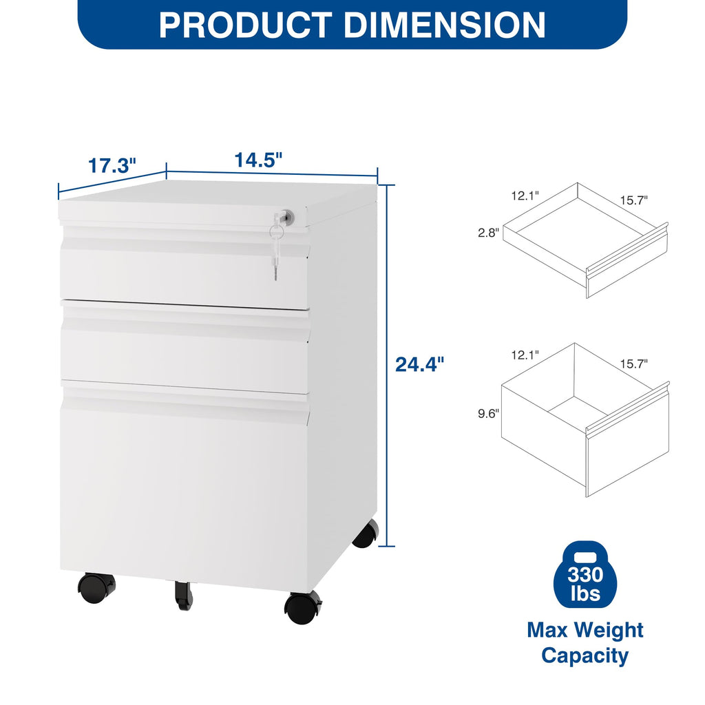 White 3 Drawer Metal File Cabinet with Lock D6393