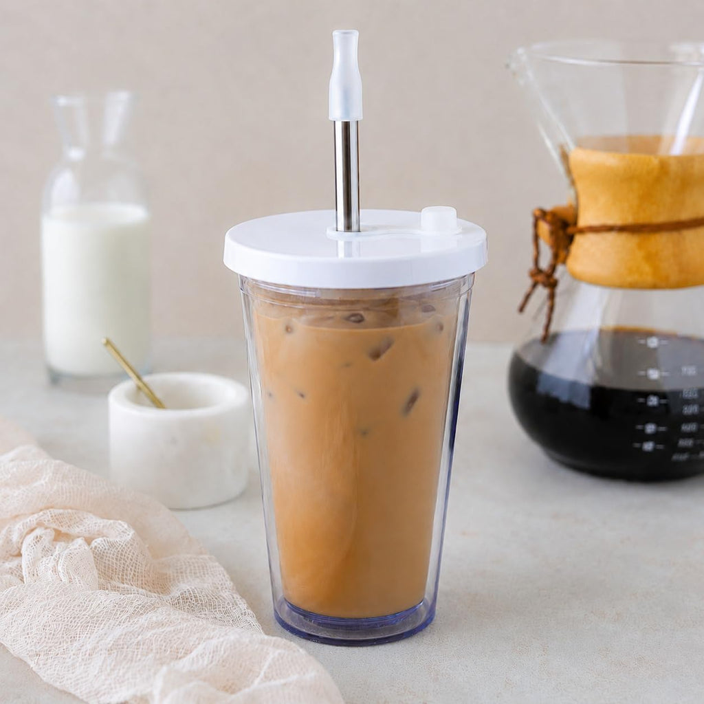 16 Oz Clear Plastic Insulated Tumbler with Lid and Straw S85180