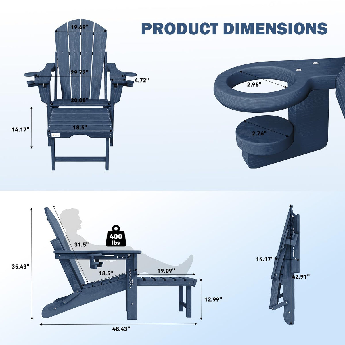 HDPE Folding Adirondack Chairs Set of 2, Navy B2489