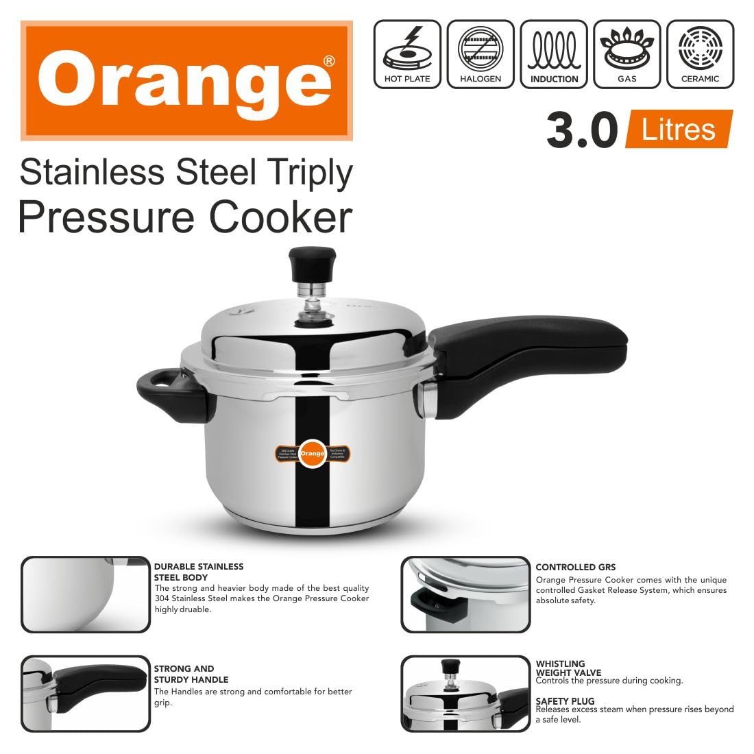 Orange Triply Stainless Steel Pressure Cooker 3L S38638