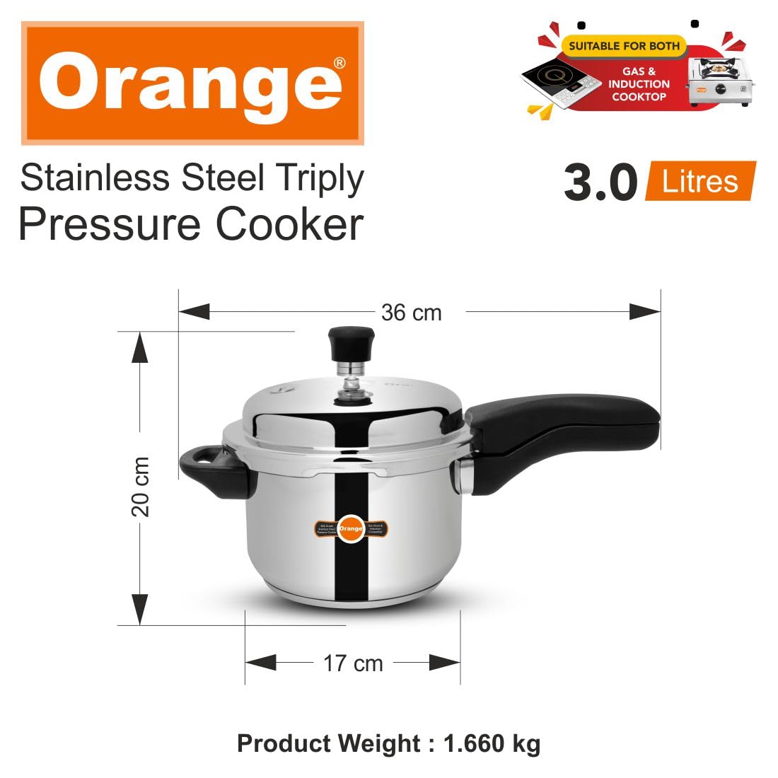 Orange Triply Stainless Steel Pressure Cooker 3L S38638