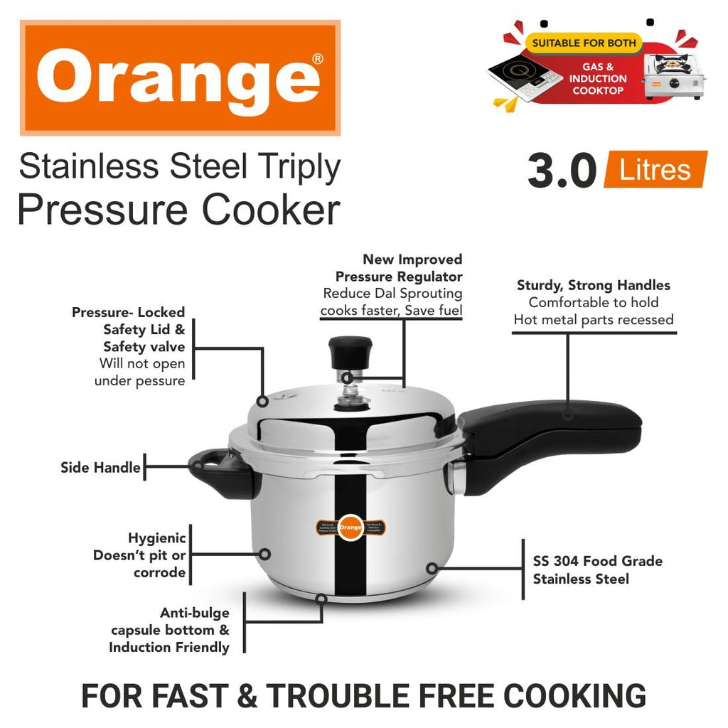 Orange Triply Stainless Steel Pressure Cooker 3L S38638
