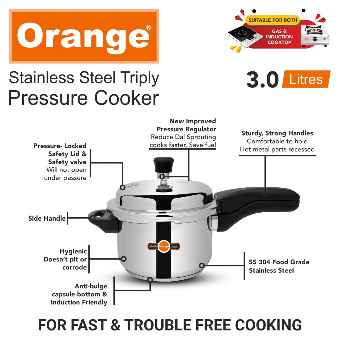 Orange Triply Stainless Steel Pressure Cooker 3L S38638