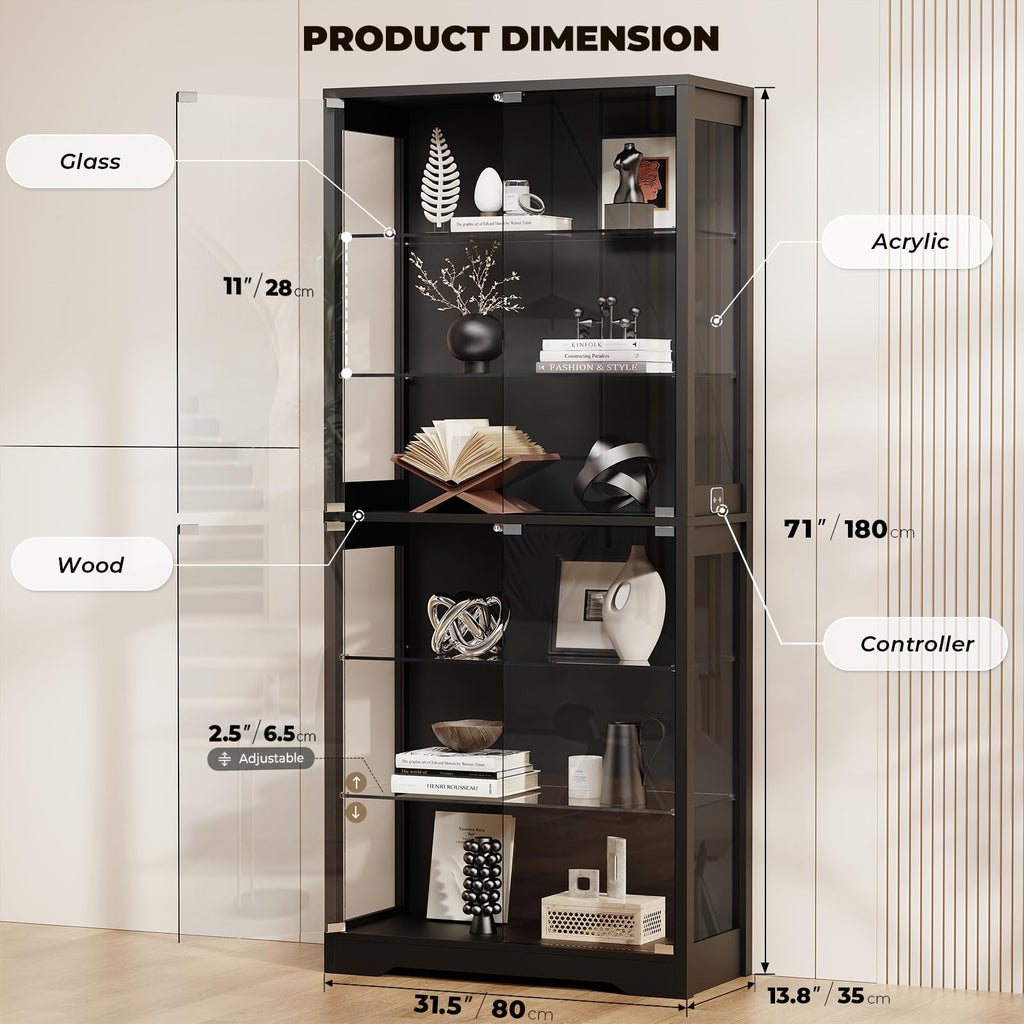 71" Tall Display Cabinet with Glass Door and 3-Color Lights, Black Y361