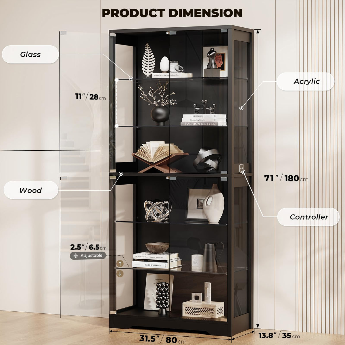 71" Tall Display Cabinet with Glass Door and 3-Color Lights, Black Y361
