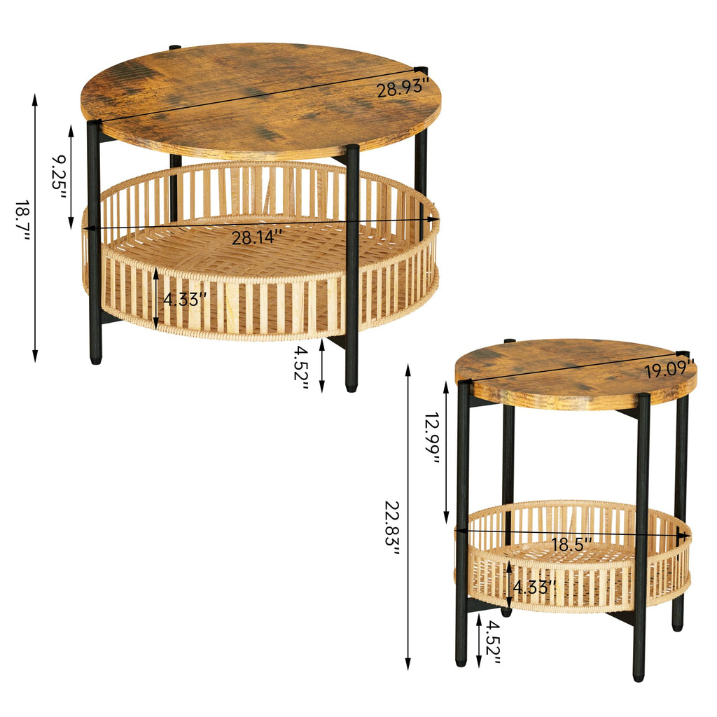 3 Pieces 2 Tier Round Rattan Coffee Table Set with Metal Frame Q719