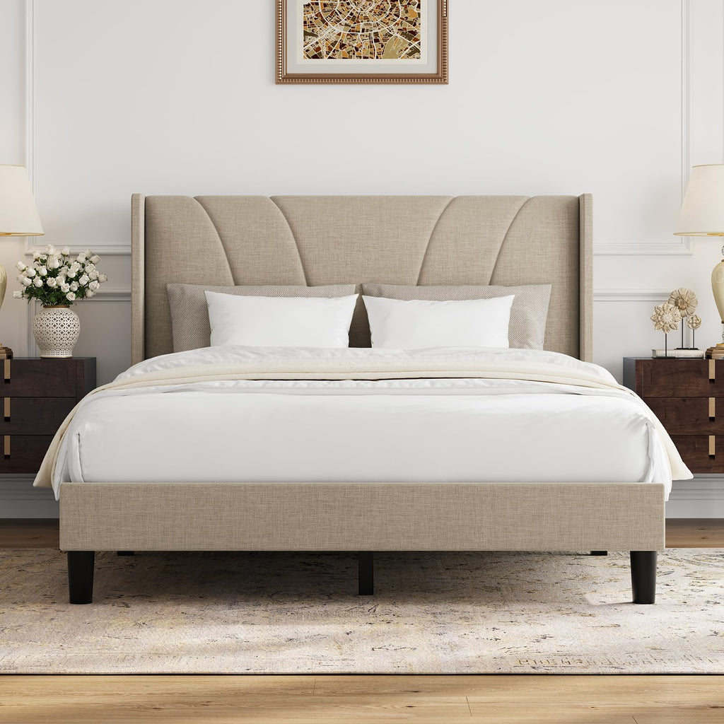 Queen Size Linen Upholstered Bed Frame with Headboard E5534