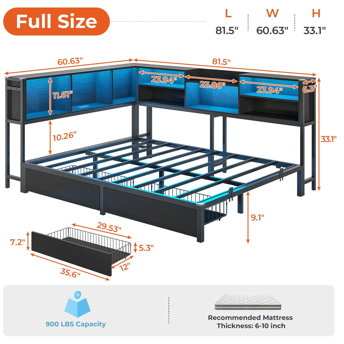 Full Corner Bed Frame with Storage Bookcase and 2 Drawers, Black N92118