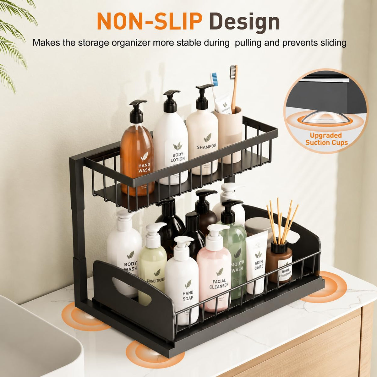 Under Kitchen Sink Organizer, 2-Tier Metal Pull Out Cabinet Organizer Shelf, Black, 2 pack T982640