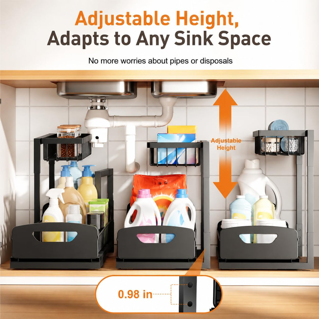 Under Kitchen Sink Organizer, 2-Tier Metal Pull Out Cabinet Organizer Shelf, Black, 2 pack T982640