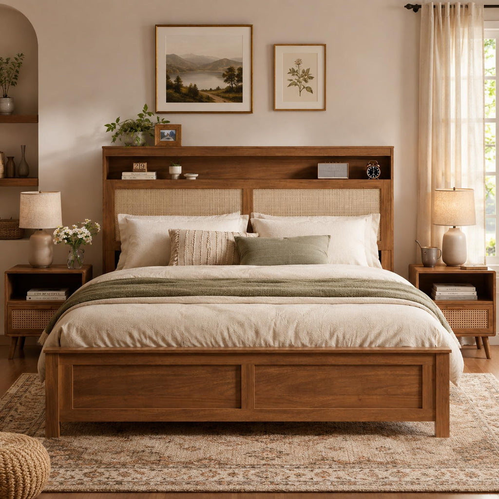 Brown Queen Wood Bed Frame with Storage Headboard O619