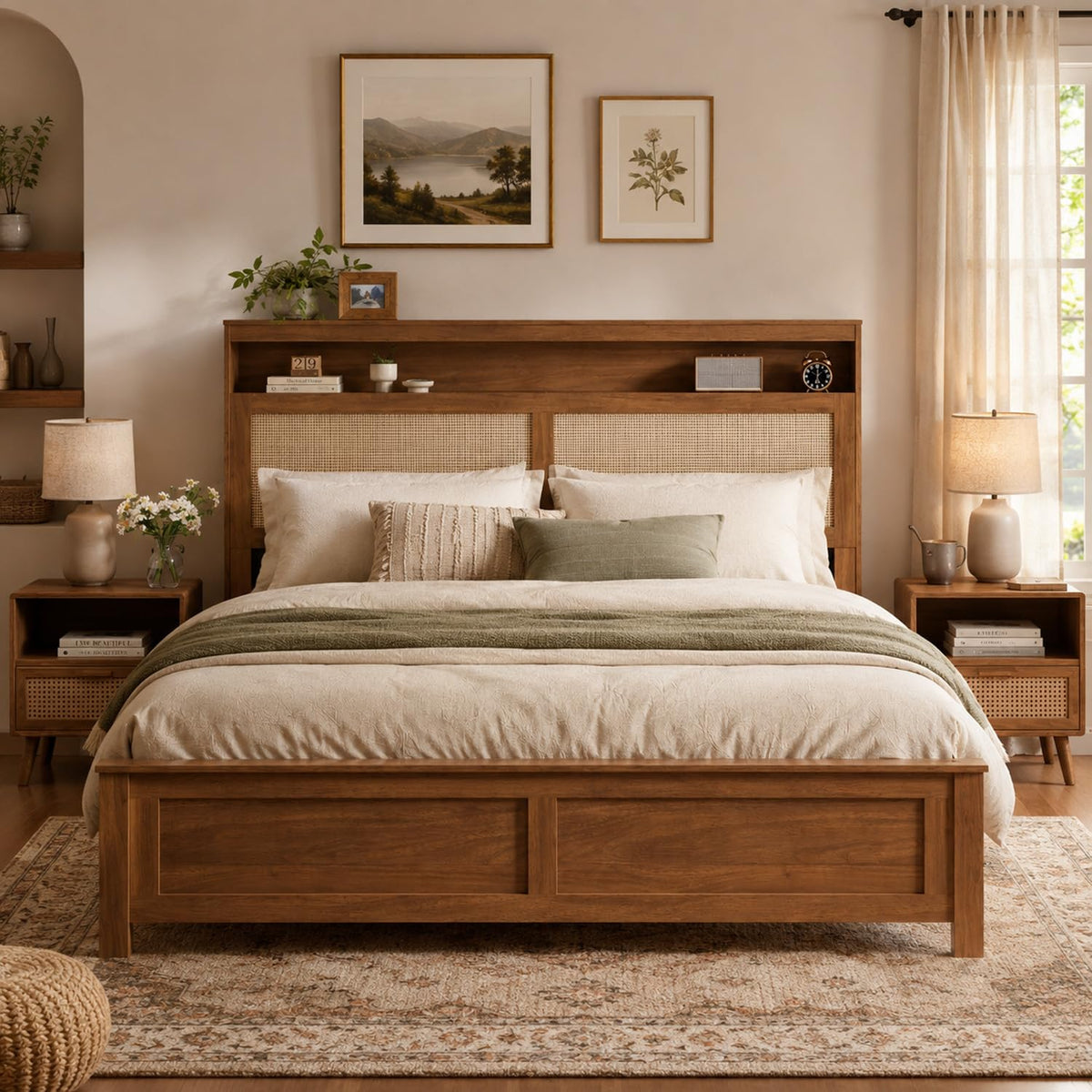 Brown Queen Wood Bed Frame with Storage Headboard O619