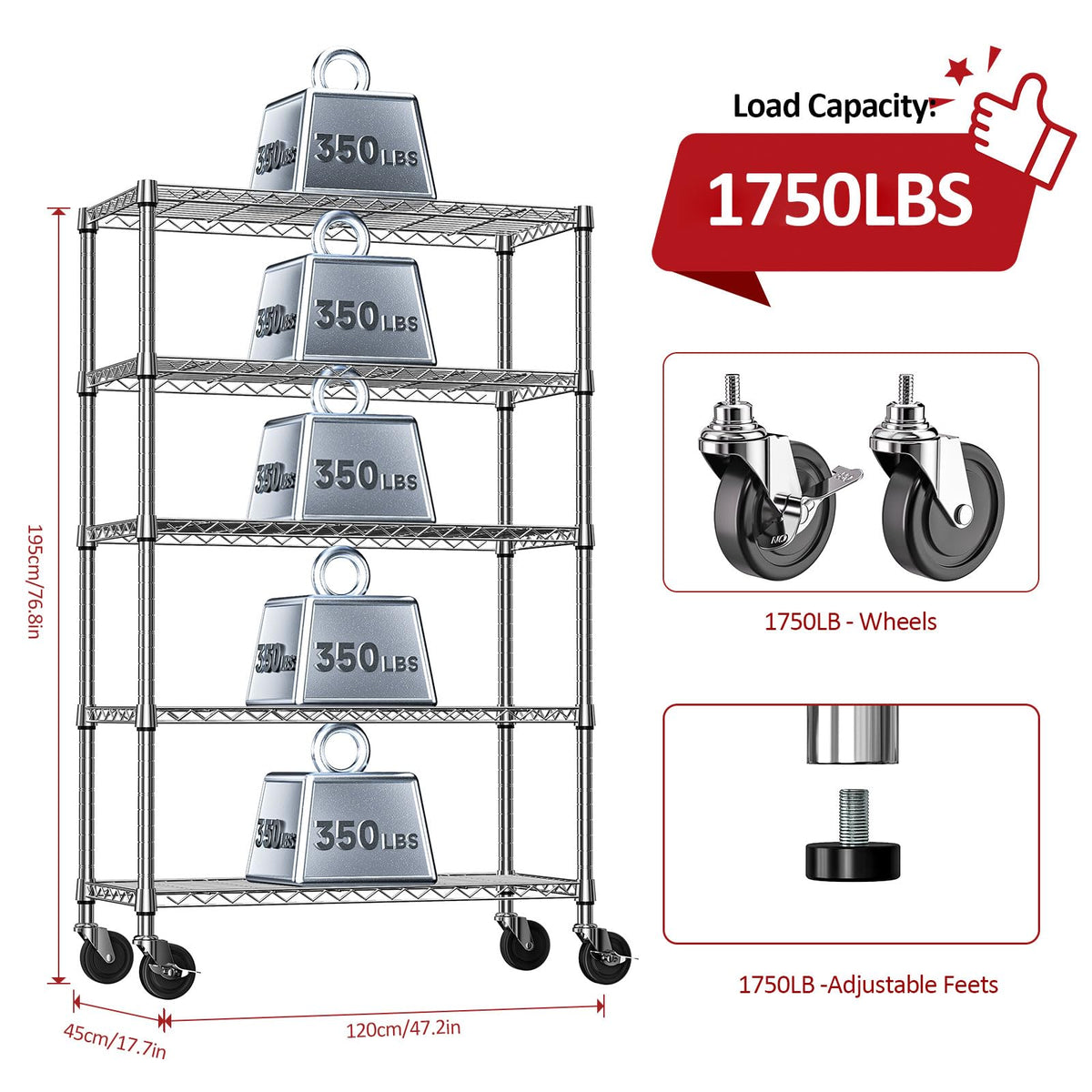 5-Tier Adjustable Heavy Duty Steel Wire Shelving Unit with Wheels E34624