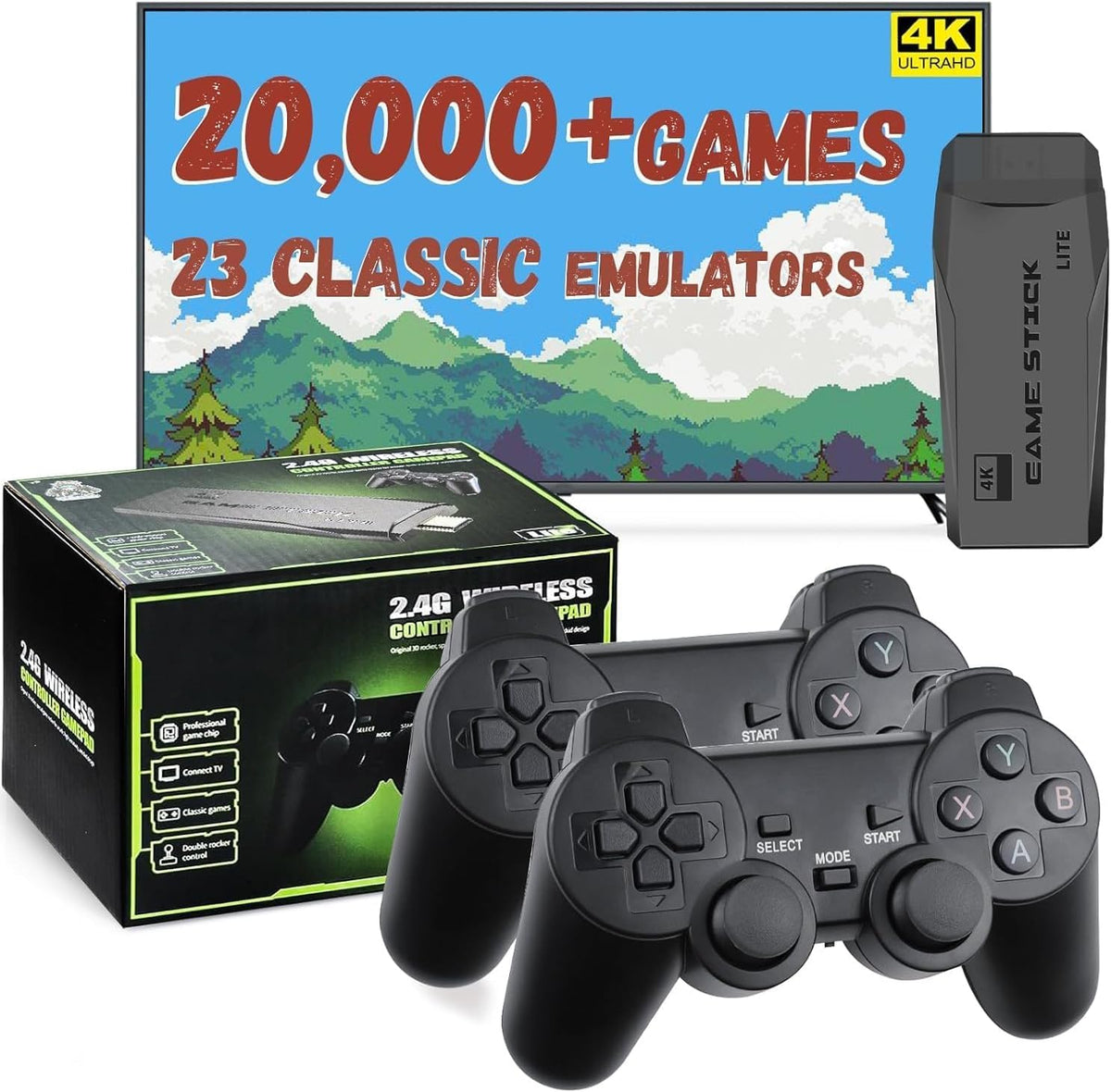 Retro Gaming Console Game Stick, 20,000+ Classic Video Games, 23 Emulators, Dual Wireless Controllers, 4K HDMI Output, 64GB K248628