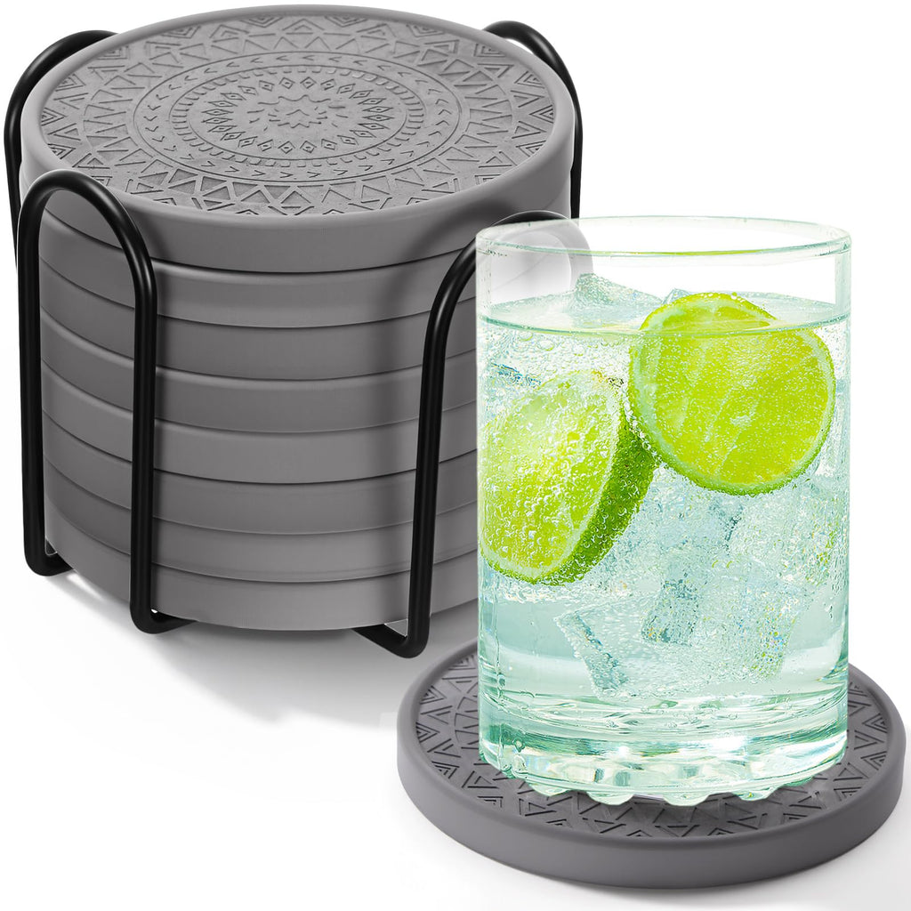 Black Diatomaceous Earth Coasters with Holder 8 Pcs R5354