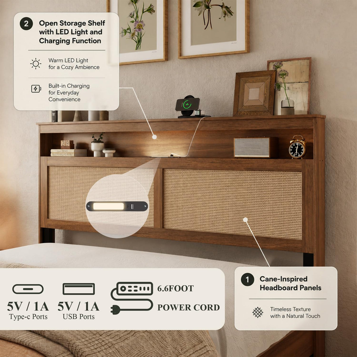 Brown Queen Wood Bed Frame with Storage Headboard O619