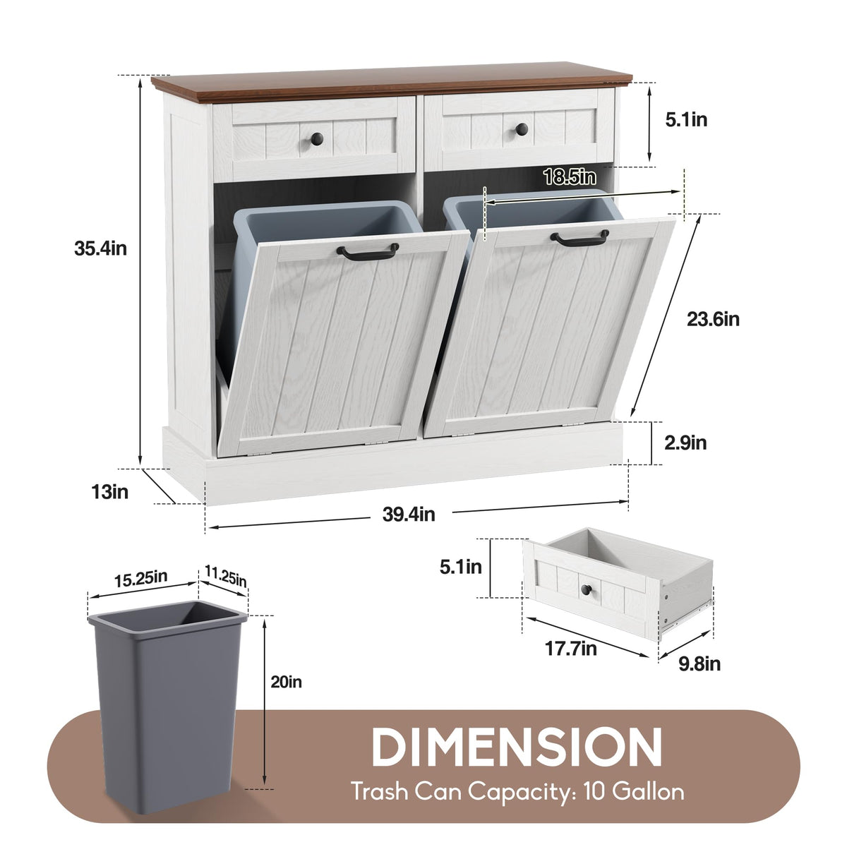 White 2x10 Gallons Tilt Out Trash Can Cabinet P74513