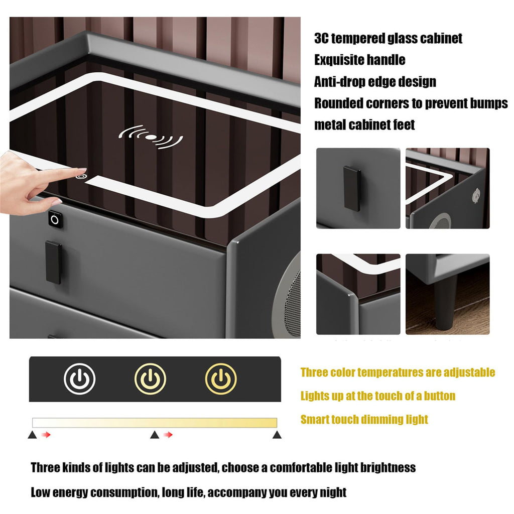 Black 3 Drawer Smart Bedside Table with LED Light and Wireless Charging B52452