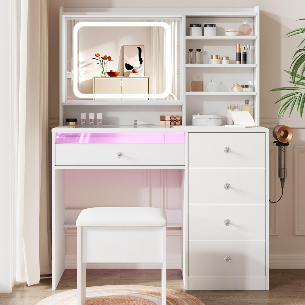 White Vanity Desk Set with Glass Desktop B418497