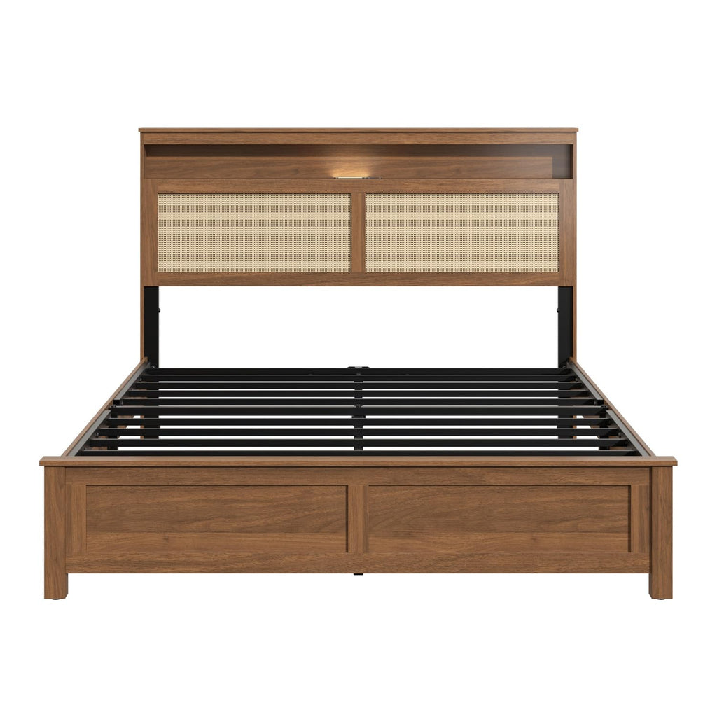 Brown Queen Wood Bed Frame with Storage Headboard O619