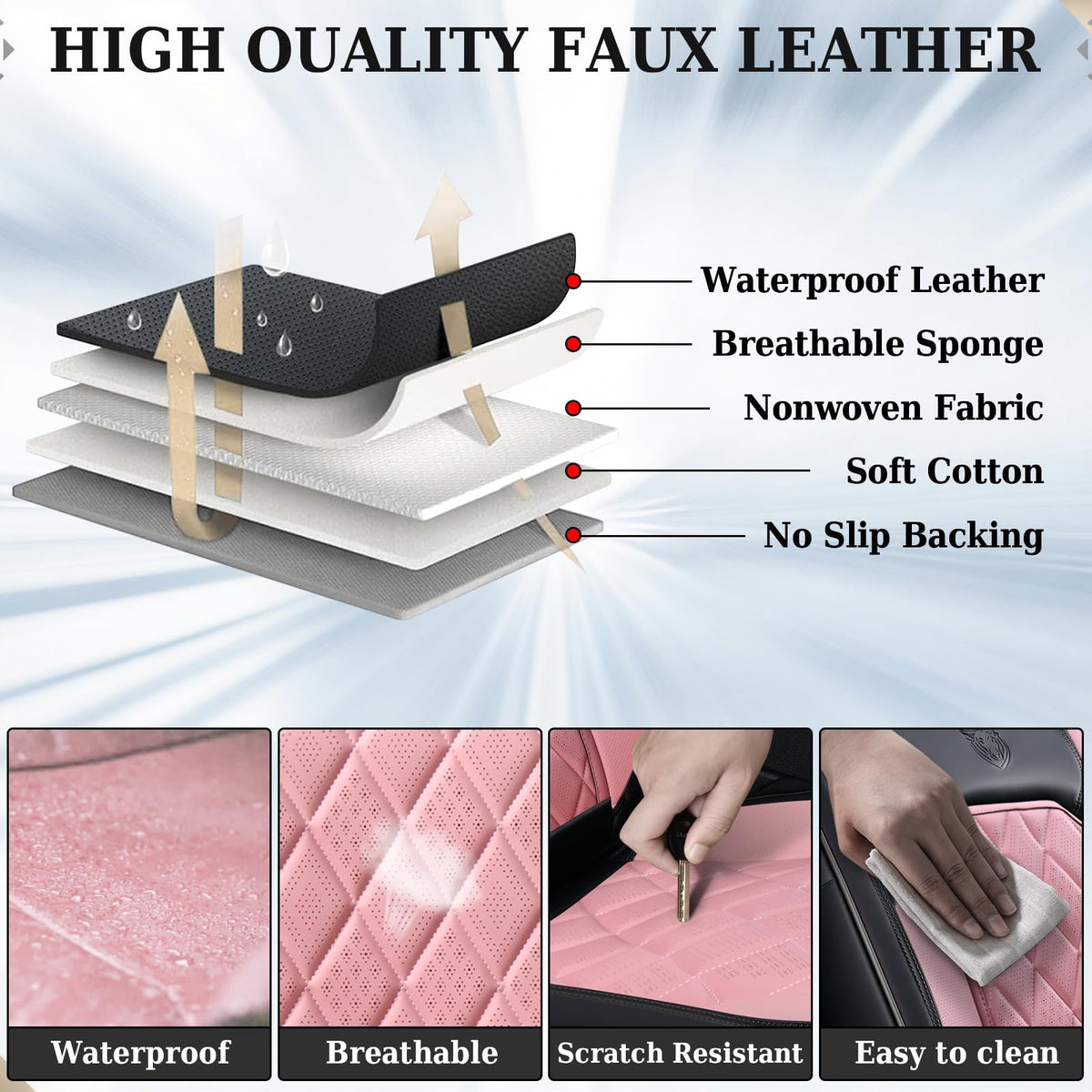 Waterproof Faux Leather Pink & Black Car Seat Covers Full Set I409