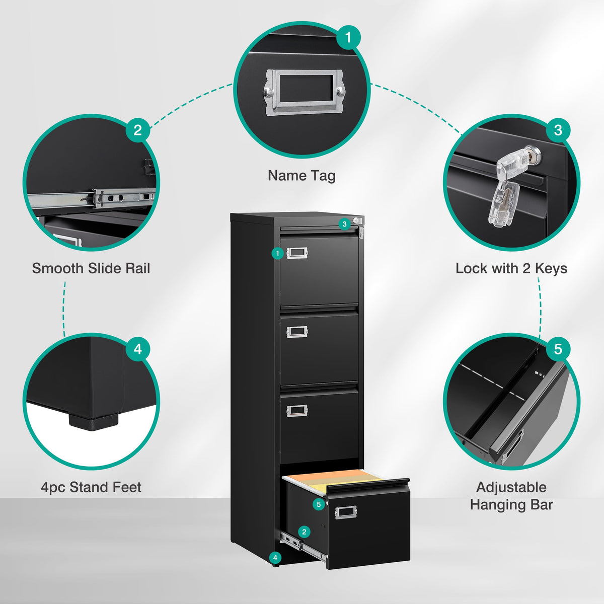 4 Drawer Black Metal File Cabinet with Lock C23177