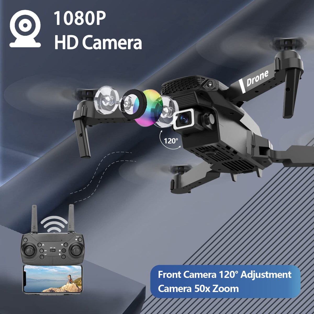 Foldable RC Quadcopter Drone with 1080P Camera, 2 Batteries, Carrying Case K274465