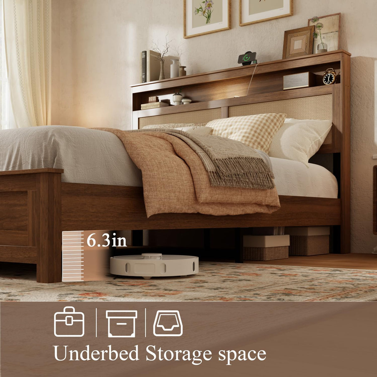 Brown Queen Wood Bed Frame with Storage Headboard O619