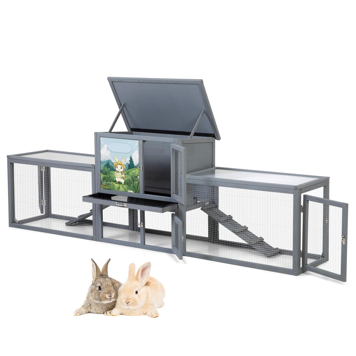 94.5" 2-Story Wooden Rabbit Hutch with Pull-Out Tray P1536