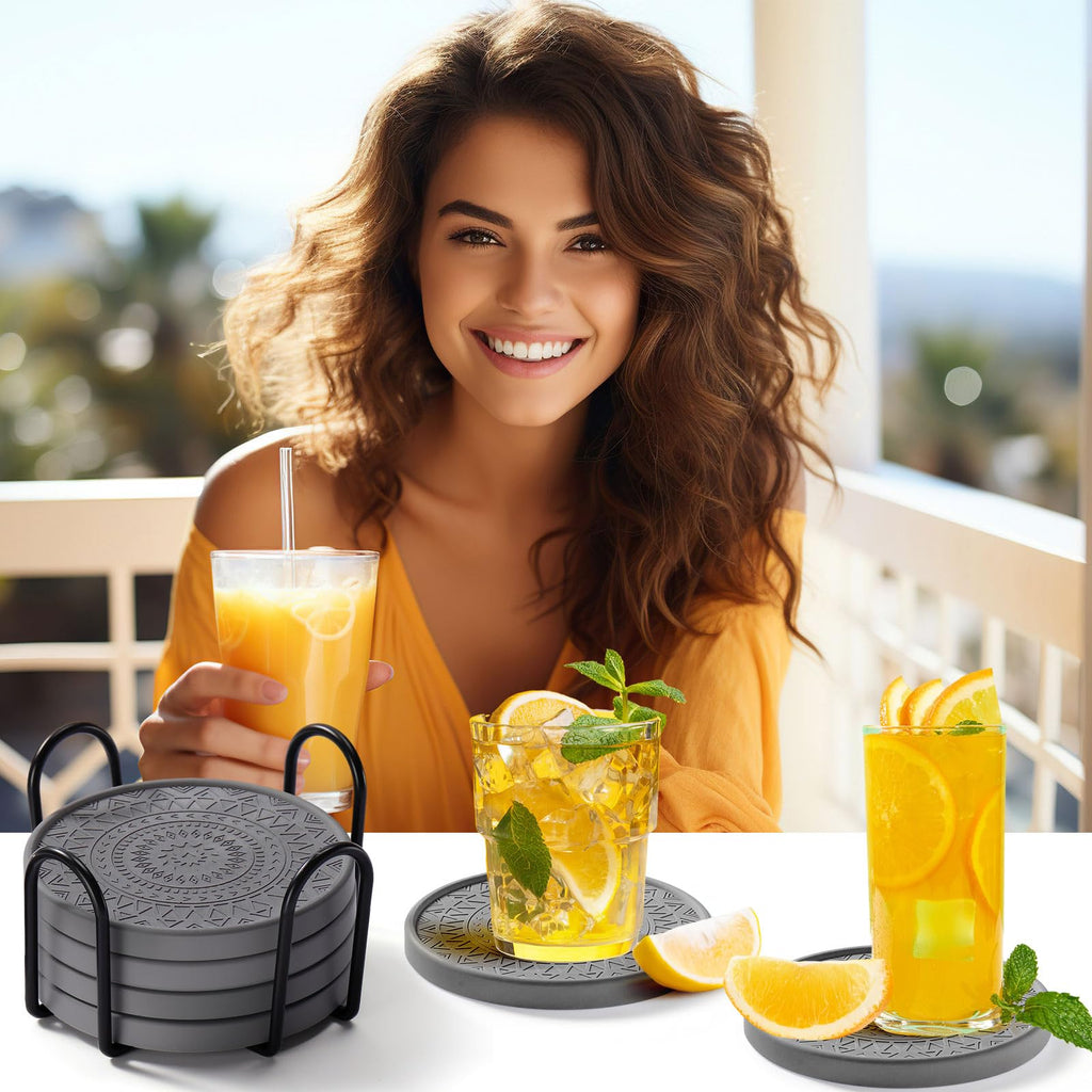 Black Diatomaceous Earth Coasters with Holder 8 Pcs R5354