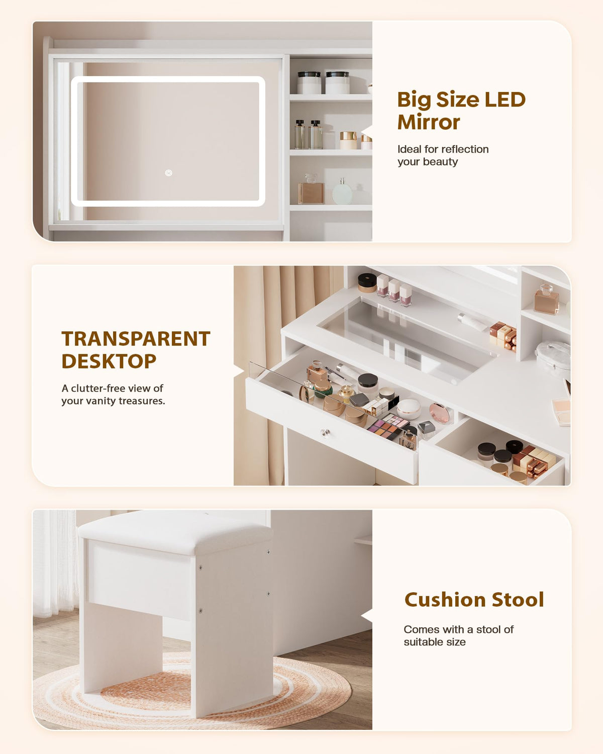 White Vanity Desk Set with Glass Desktop B418497