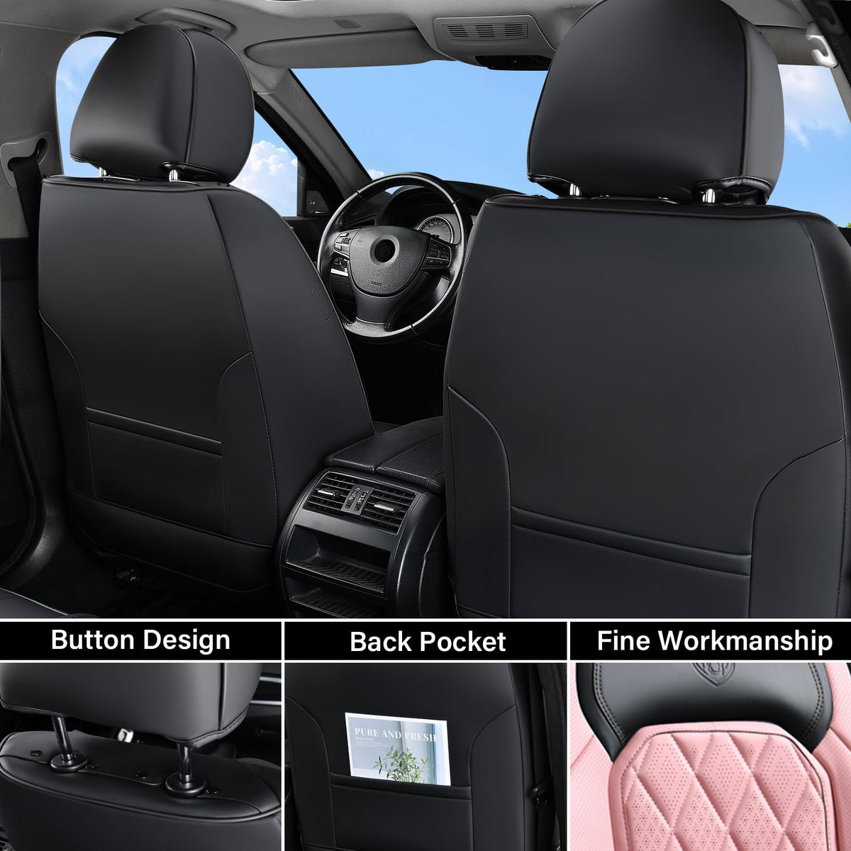 Waterproof Faux Leather Pink & Black Car Seat Covers Full Set I409