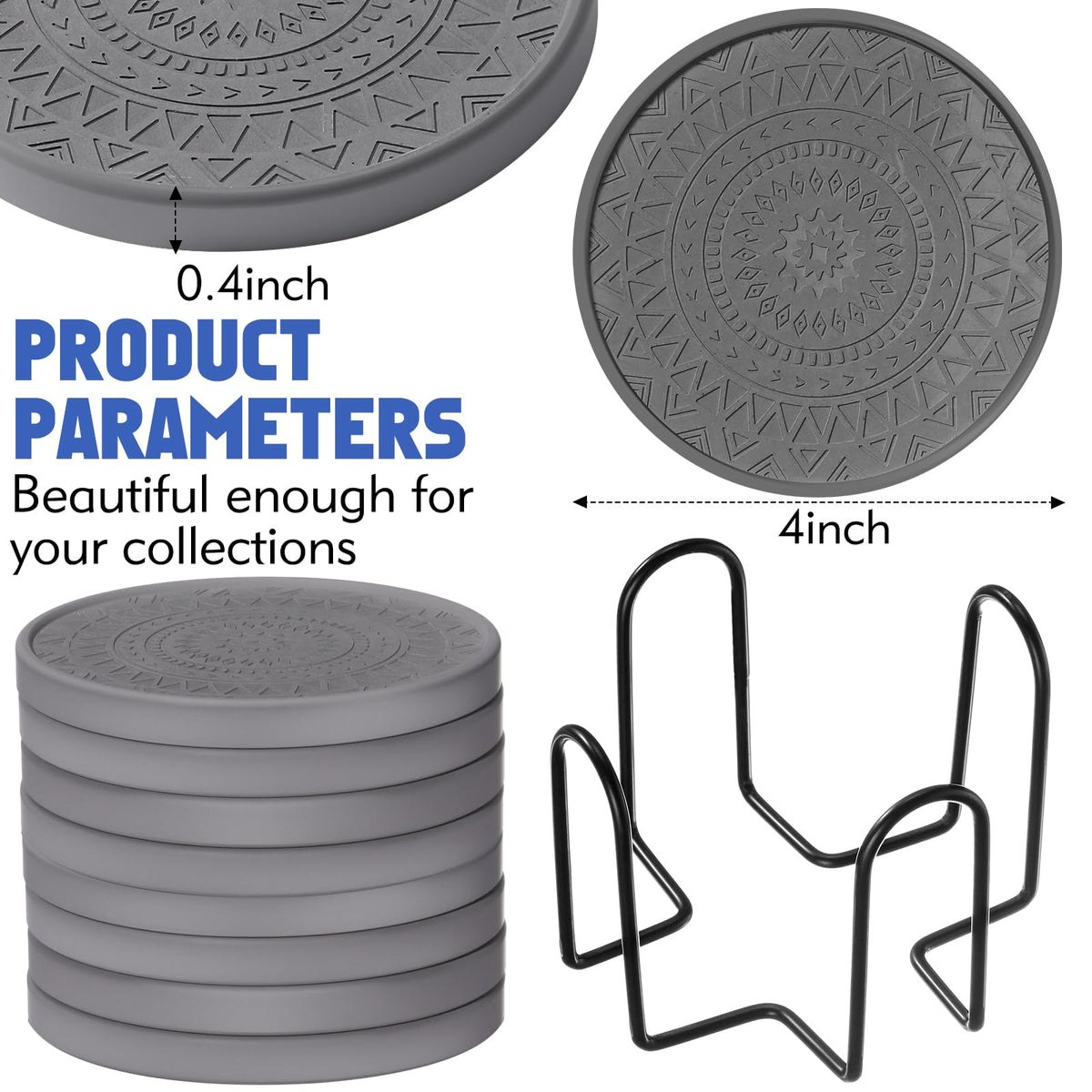 Black Diatomaceous Earth Coasters with Holder 8 Pcs R5354