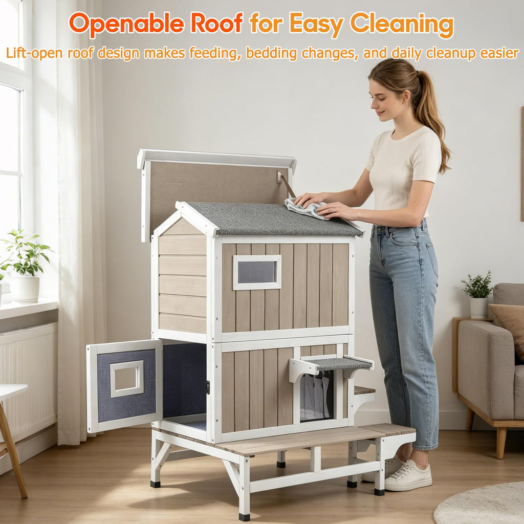 Insulated Outdoor Cat House 2-Story Wooden Shelter H4256
