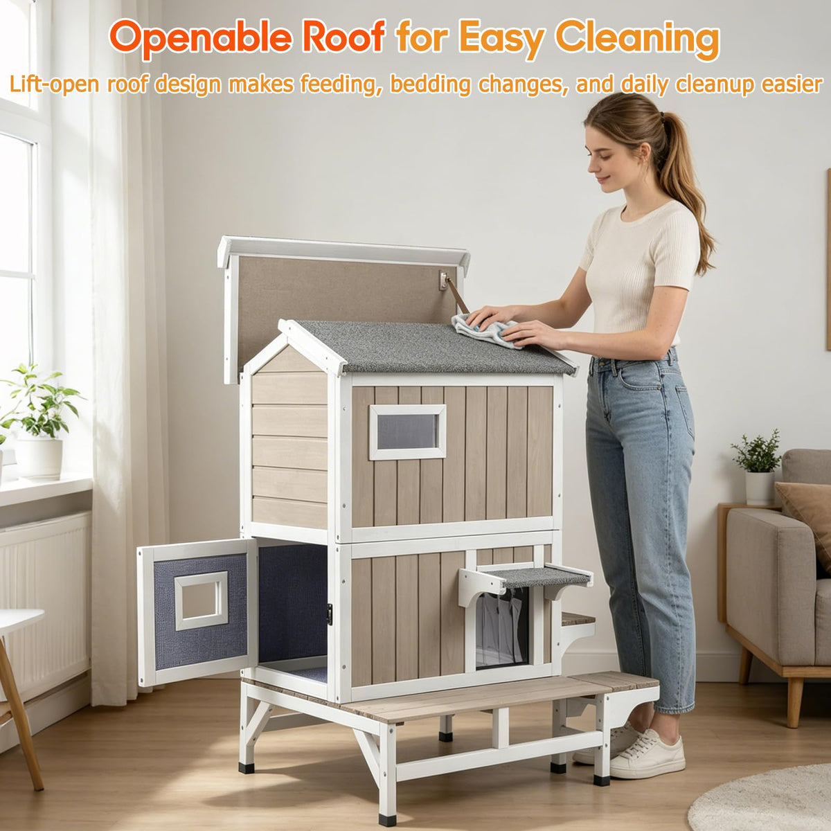 Insulated Outdoor Cat House 2-Story Wooden Shelter H4256