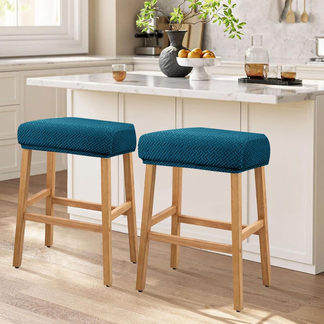 Set of 4 Deep Teal Jacquard Stretch Stool Covers I349060