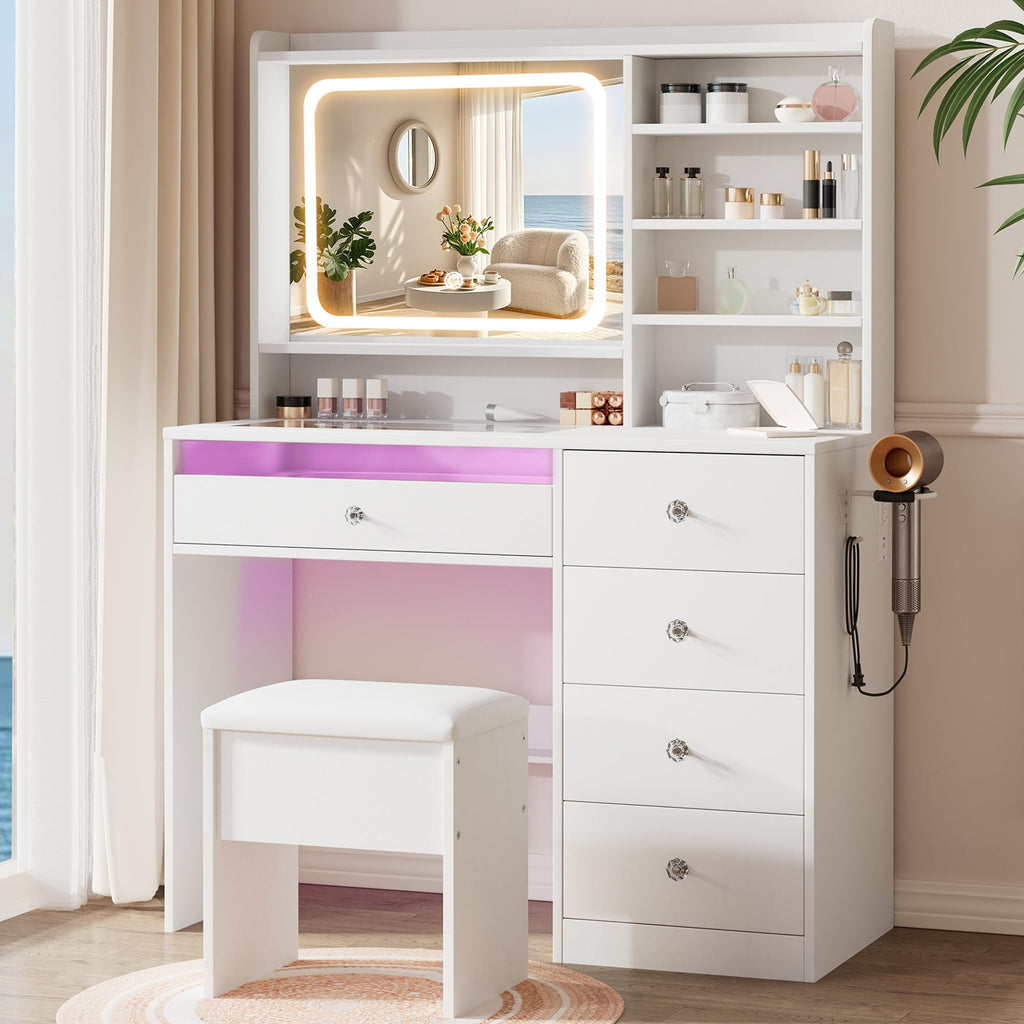 White Vanity Desk Set with Glass Desktop B418497