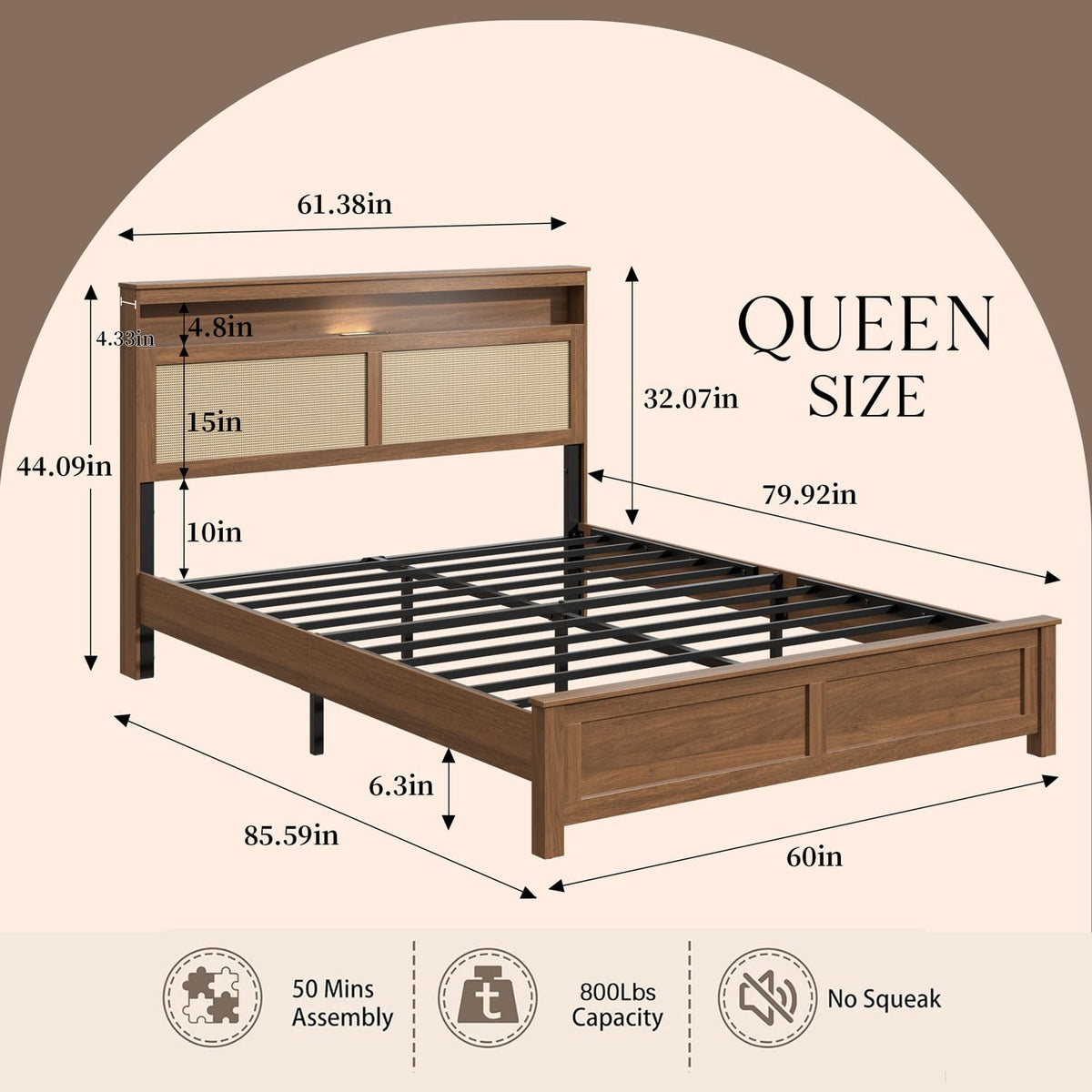 Brown Queen Wood Bed Frame with Storage Headboard O619