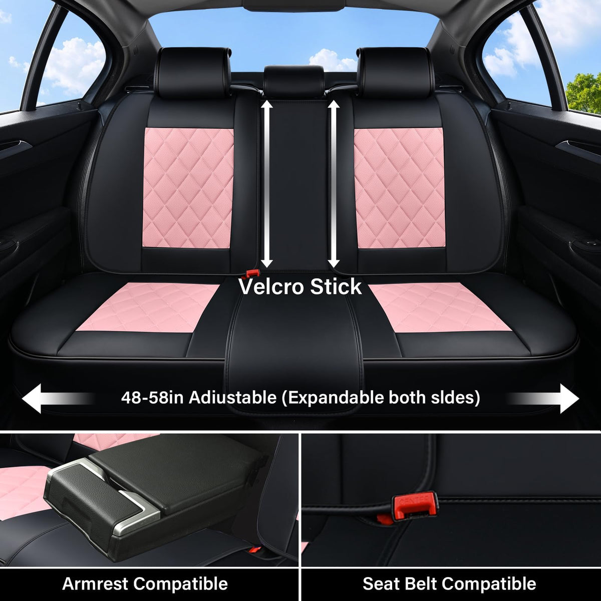 Waterproof Faux Leather Pink & Black Car Seat Covers Full Set I409