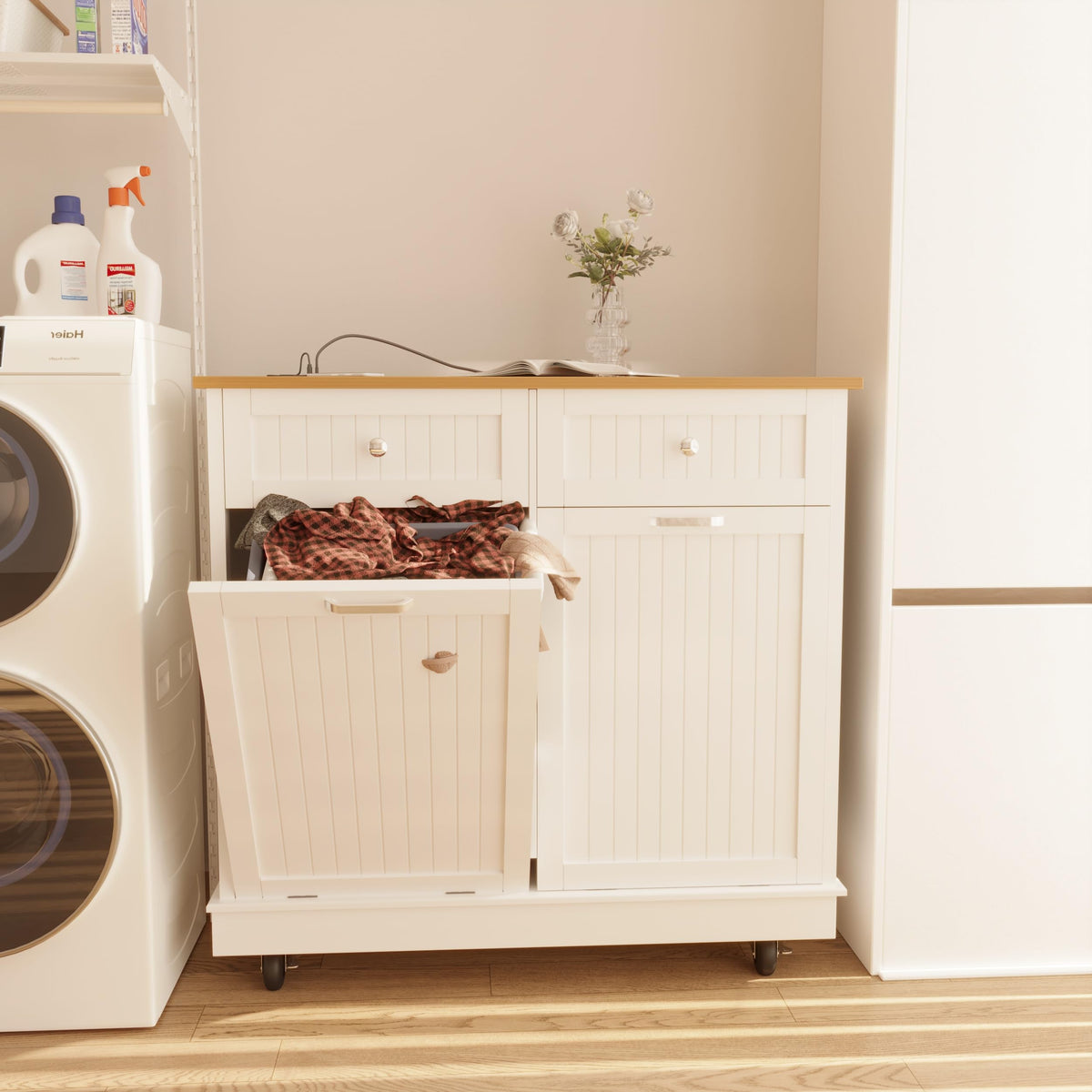 White 20 Gallons Tilt-Out Trash Can Cabinet B83555