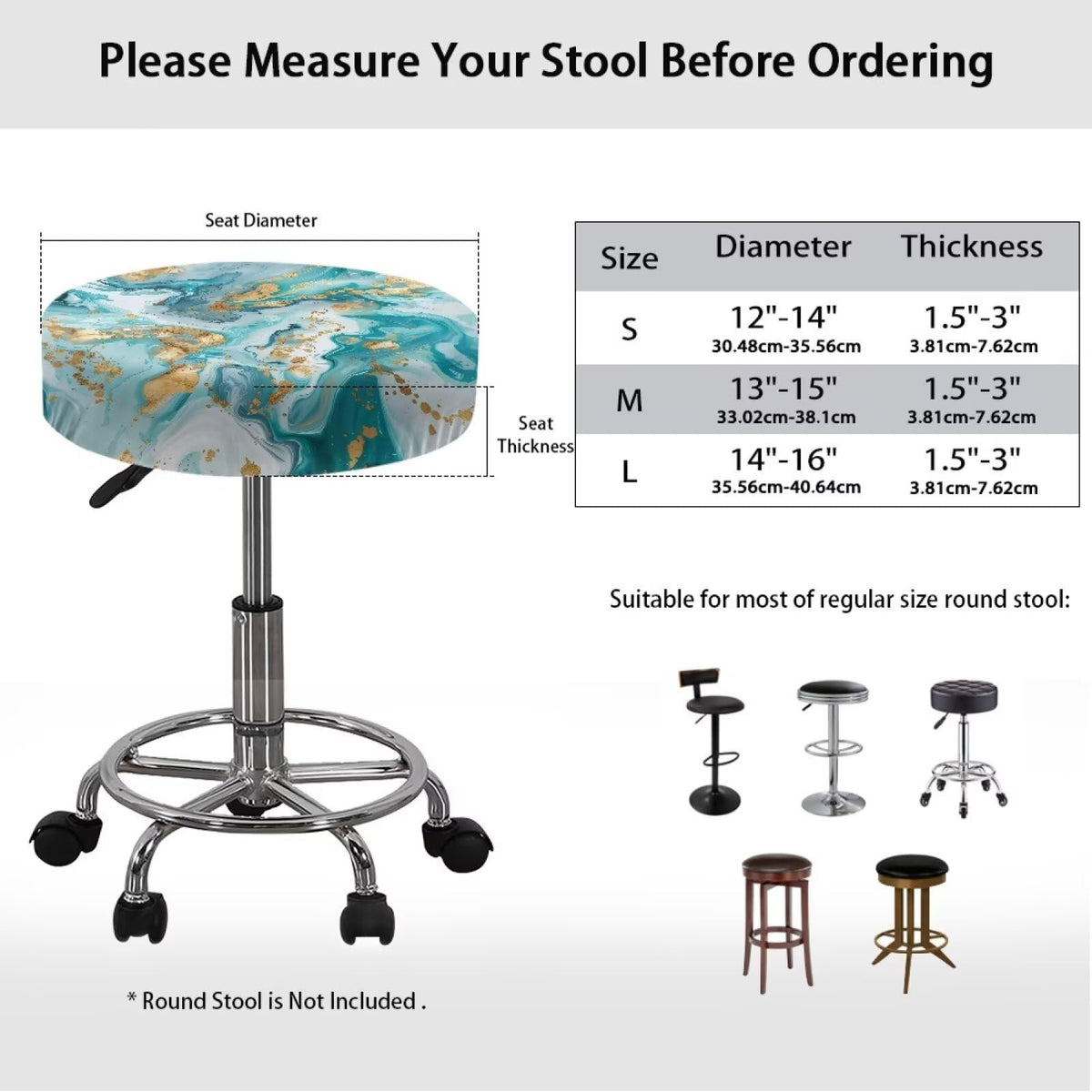 Teal Gold Marble 2 Pack Round Bar Stool Seat Cover I513