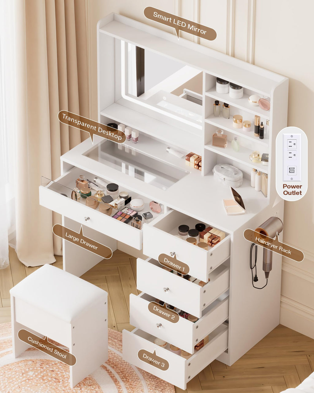 White Vanity Desk Set with Glass Desktop B418497