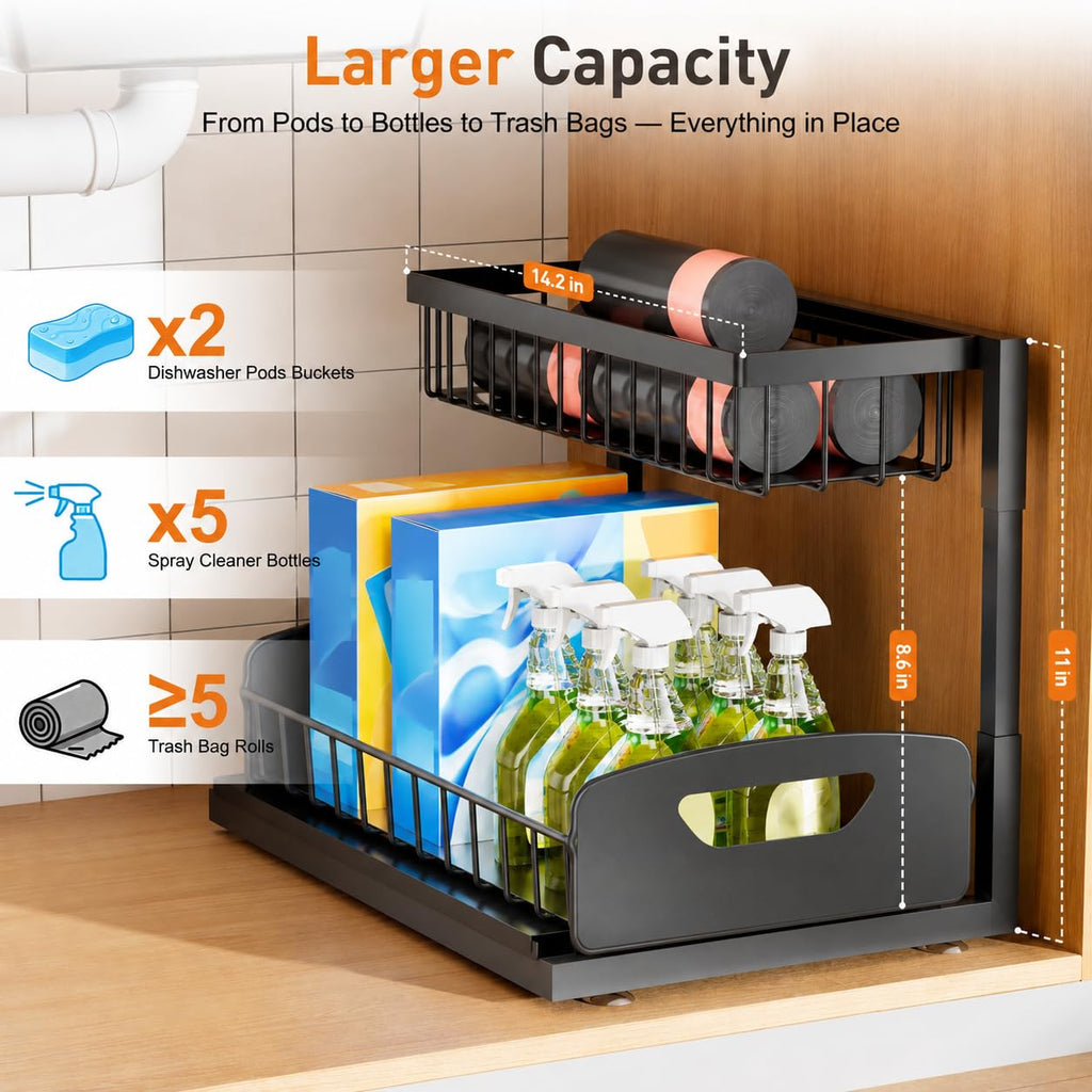 Under Kitchen Sink Organizer, 2-Tier Metal Pull Out Cabinet Organizer Shelf, Black, 2 pack T982640