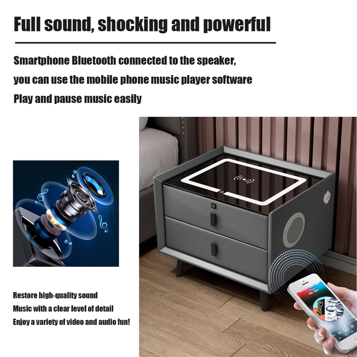 Black 3 Drawer Smart Bedside Table with LED Light and Wireless Charging B52452