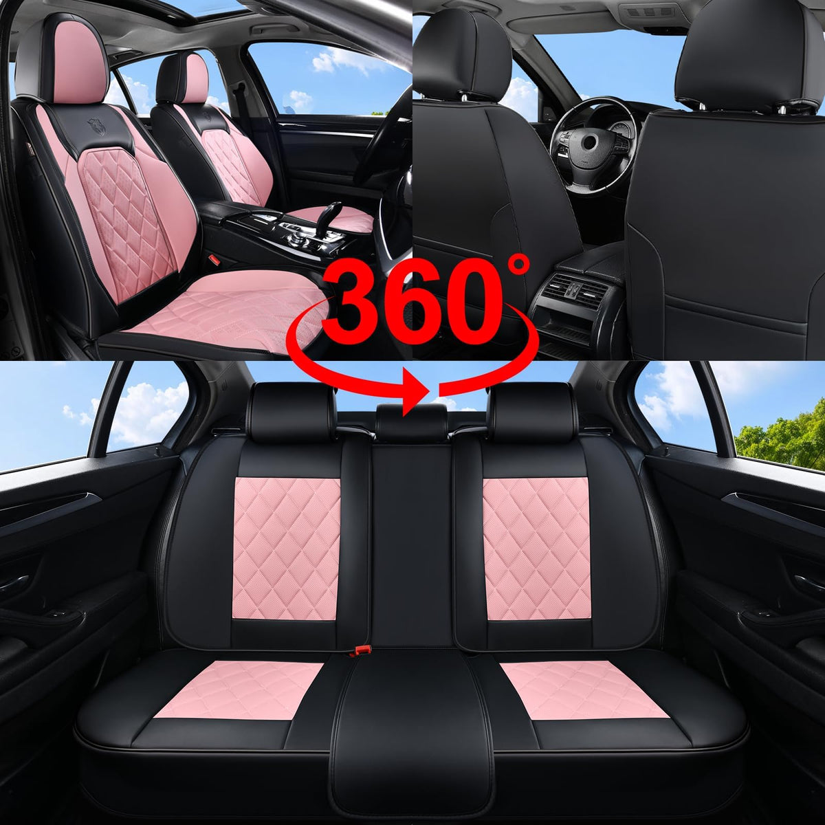 Waterproof Faux Leather Pink & Black Car Seat Covers Full Set I409