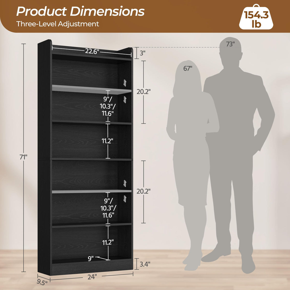 Black 7-Tier Adjustable Shelves Bookcase F53538
