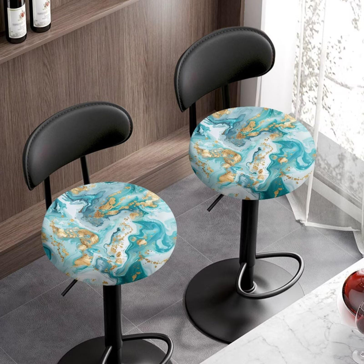 Teal Gold Marble 2 Pack Round Bar Stool Seat Cover I513
